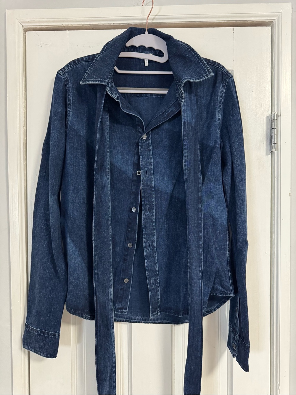 LOEWE Denim Tie Neck Button Down Shirt Blouse Blue Size 34 Made in Italy